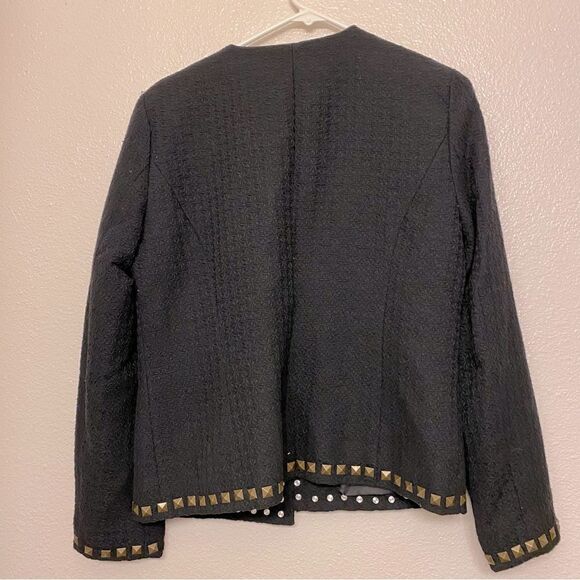 Fashion Blazer black goth thick textured no collar bronze studded suit jacket  M - Picture 2 of 7